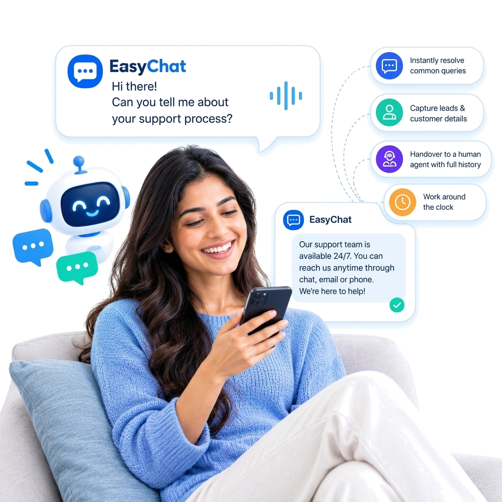Automate your support with EasyChat Bots showing 24/7 automated instant query resolution and seamless lead capture